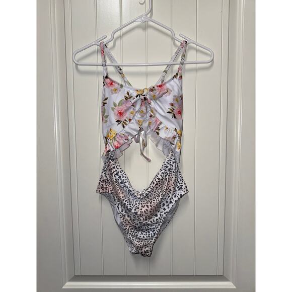 NWOT Girls Ruffle One Piece Cutout Swimsuits Floral High Waisted Tie Front Sz 13 - Picture 2 of 3